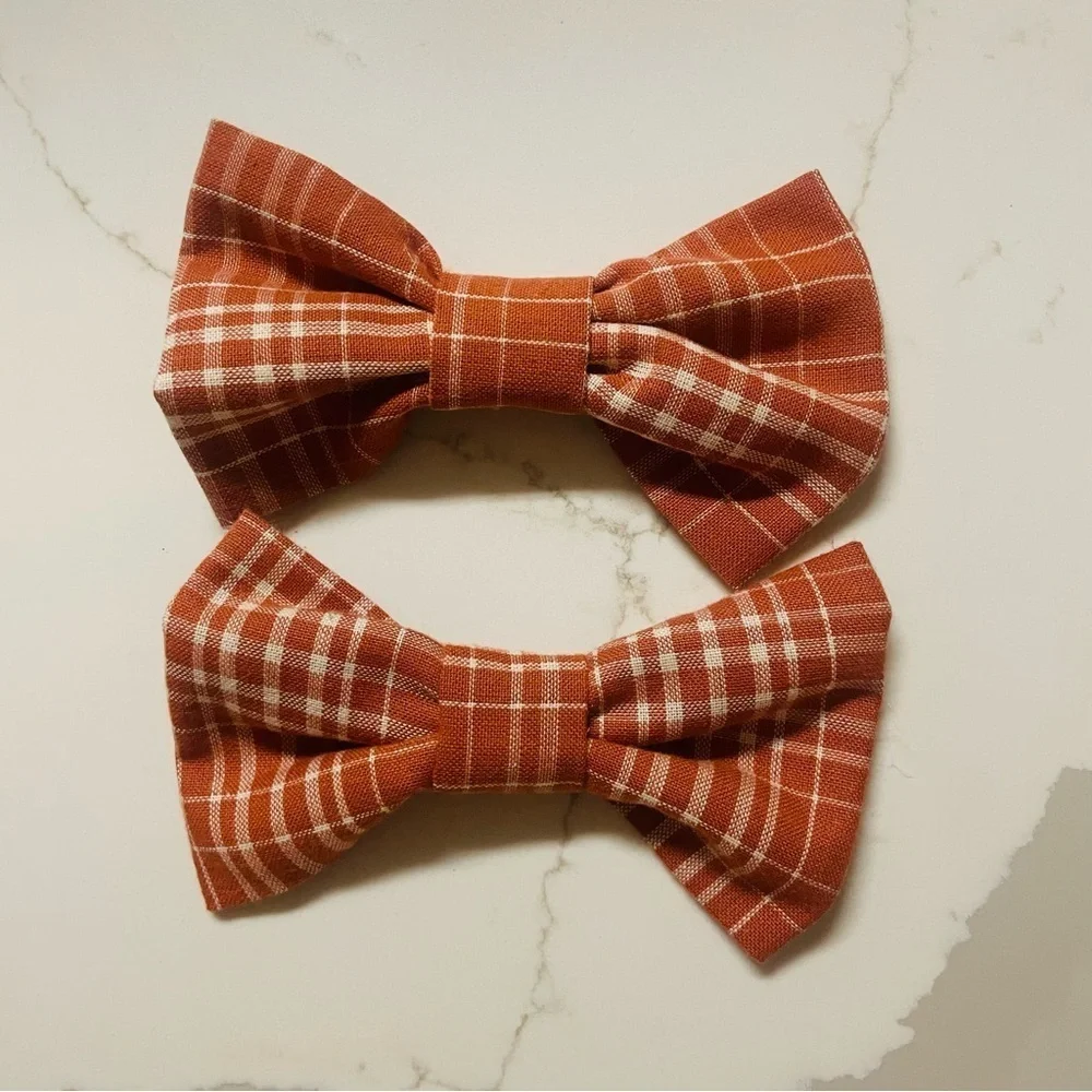 New handmade Plaid Bow Hair Clips for girls Brown/Orange Fall coquette pigtails